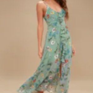 Lulus Sienna Sage Green Floral Print Ruffled Maxi Dress - NWT